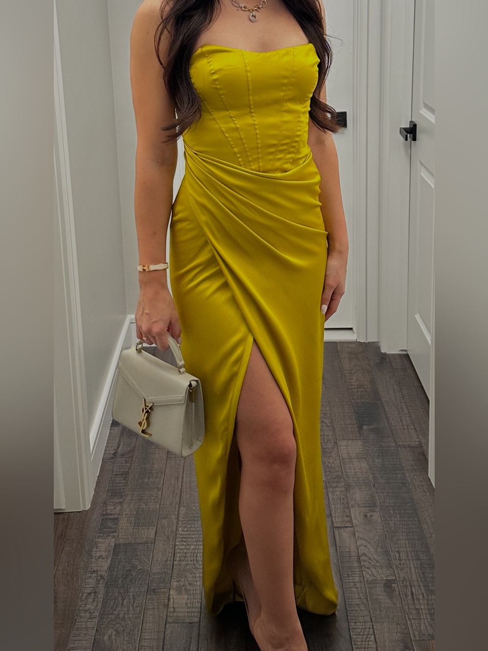 Express Strapless Satin Gown in Yellow-Green